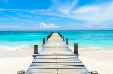 Wooden Pier on White Sand Beach with Turquoise Sea in Summer