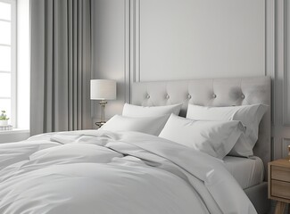 Modern interior of a bedroom with a gray bed and white pillows