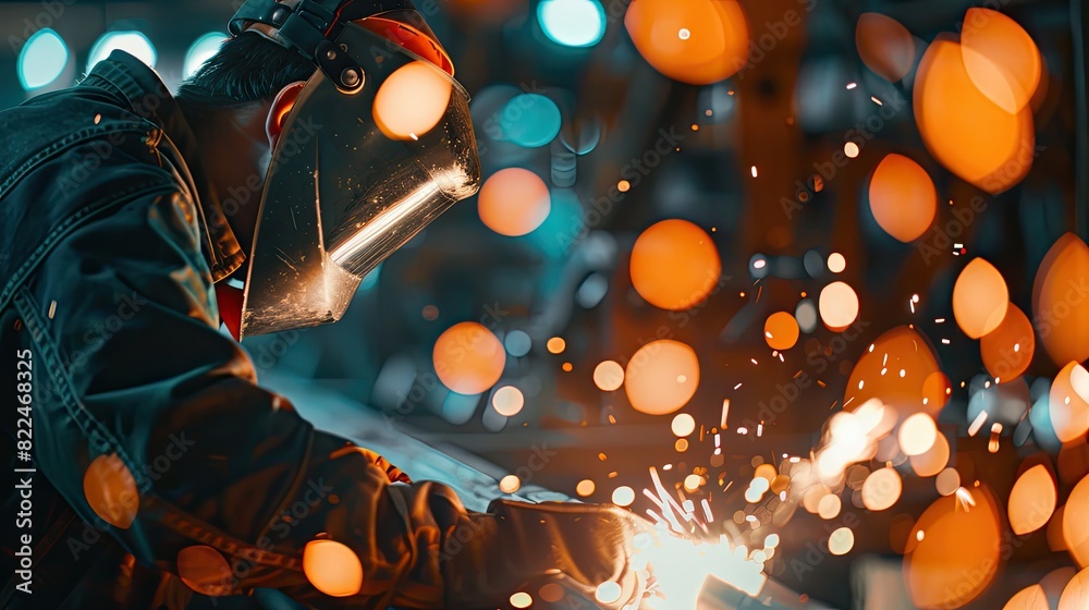 Wall mural The welding engineer oversees the skilled workers as they ignite sparks along the steel and iron product line, the mesmerizing bokeh of the factory machinery - Wall murals