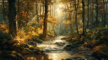 Obraz premium Serene forest stream flowing through vibrant autumn foliage, bathed in golden sunlight, capturing the essence of natural beauty and tranquility.