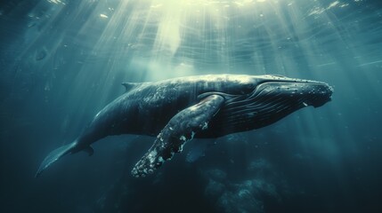 Fototapeta premium A humpback whale gracefully swims in the ocean depths