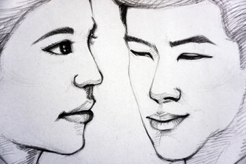  hand drawn sketch drawing man and girl