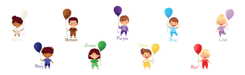 Cheerful Kids Holding Balloons of Different Colors Vector Set