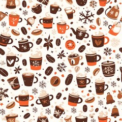Seamless Pattern for Winter Coffee Shop Menu Cover Featuring Snowflakes, Coffee Beans, and Steamy Mugs