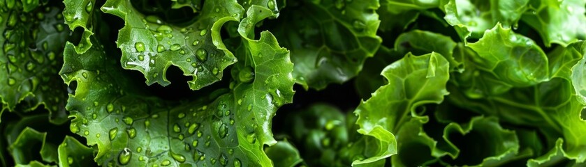 Fresh green lettuce leaves with water droplets, close-up. Perfect for healthy eating, organic food, and vegetarian diet concepts.