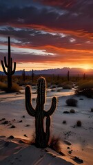 Cacti in the Desert at Sunset