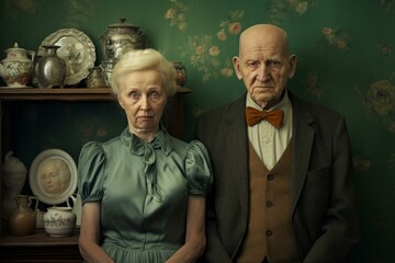 Elderly couple in vintage attire poses solemnly in their traditional living room