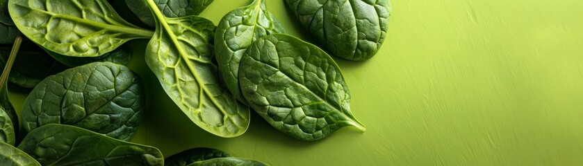 Obraz premium Fresh spinach leaves spread on a vibrant green background, highlighting their freshness and nutritional value, perfect for healthy eating content.