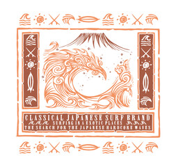 Vector illustration of stylized wave and mountain. Art with allusion to surfing and japan.