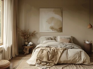 The interior of a beige bedroom with a designed bed