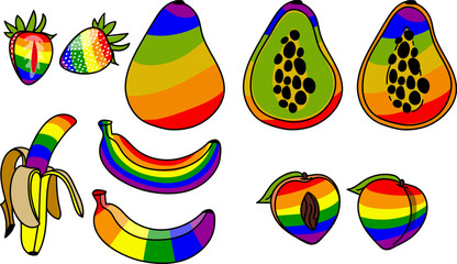A set of fruits, painted in all colors of the rainbow, with a contour. Peach, banana, papaya, strawberry. Multicolored fruits are whole and halves in LGBT colors. Suitable for website, blog, product