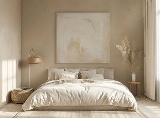 The interior of a beige bedroom with a designed bed