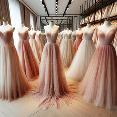Elegant long formal dresses for sale in luxury modern shop boutique. Prom gown, wedding, 