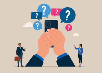 Arms hold use smart phone. Question mark sign in speech bubbles. Lot of questions.  FAQ concept. Vector business people illustration. 