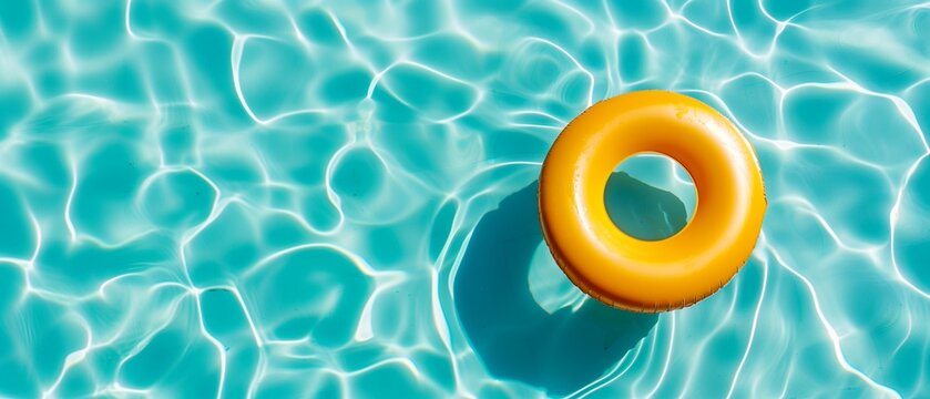 swimming pool inner tube floating in the clear pool, yellow inner tube banner, inflatable ring background, top view