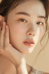 Close-up vertical portrait of a young asian woman with natural makeup, soft lighting, and a serene expression, highlighting natural beauty and elegance. Generated AI