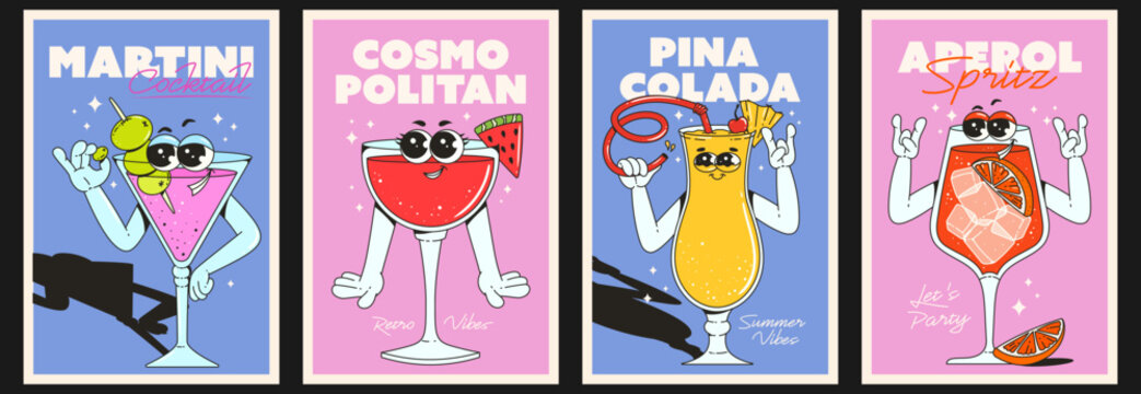 Retro groovy set of posters with cocktail characters. Pina colada, cosmopolitan, martini, aperol spritz. Vintage vibes from the 70's 80's.