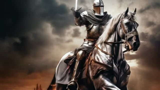 A valiant knight in shining armor rides a noble horse, brandishing a sword against a stormy sky, embodying bravery, medieval history, epic battles, and heroism.