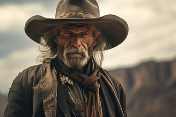 Obraz premium Close-up portrait of a rugged old cowboy with a weathered face and intense gaze, wearing traditional western attire and a leather scarf, against a mountainous outdoor background at sunset