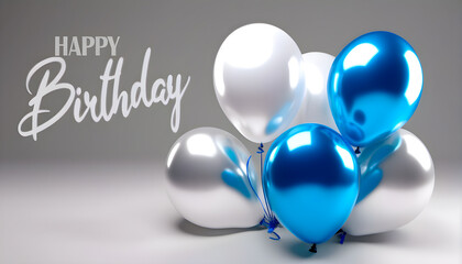 Glossy Blue Balloons on white copy space Birthday background