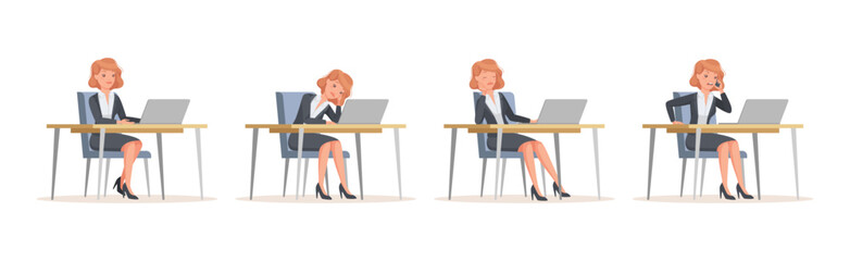 Young Office Woman Sitting at Desk with Laptop Engaged in Workflow Vector Set.