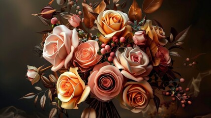 A bouquet of flowers with a gold and orange color scheme