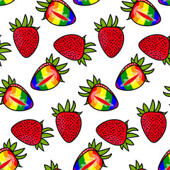 A pattern of strawberries painted inside in all the colors of the rainbow. Repeating fruits with contours and color. Whole and cut in different poses. An LGBT symbol. Suitable for website, packaging