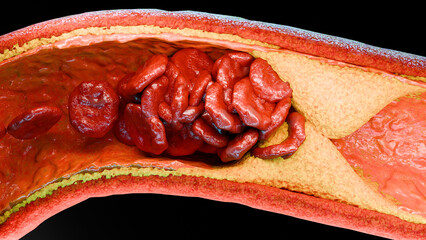 Cholesterrol or Atherosclerotic Plaque in blood vessels, Blocked vessel stroke, Thickened Arteries and Veins, Coronary, fat buildup clogging, Atherosclerosis or atheromatous Hyperlipidemia, 3d render