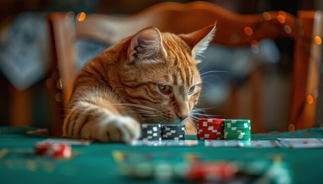 Strategic feline: cat playing poker game