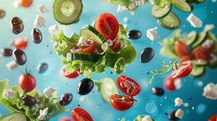 Vibrant Advertising Banner Featuring Fresh Greek Salad Ingredients Floating in Mid-Air