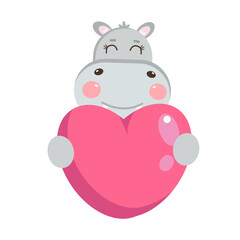 Cute kawaii smiling hippo, hippopotamus animal holding a pink heart sign. Little animals in love. Illustration for kids