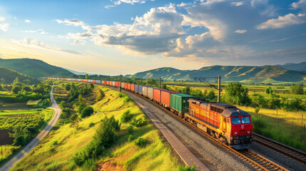 Naklejka premium A train is traveling down a track through a lush green countryside