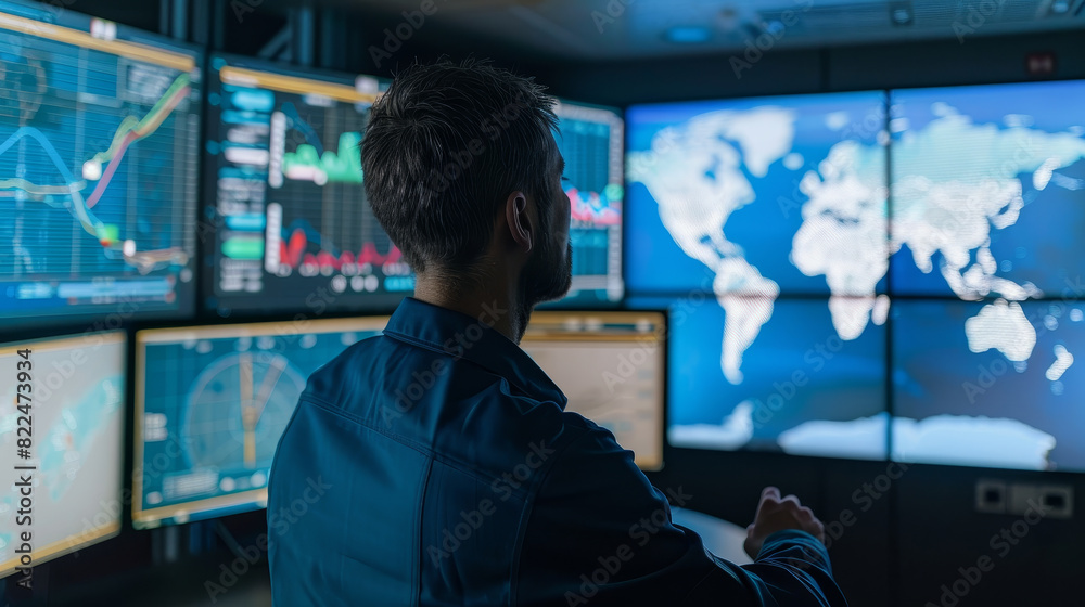 Poster a man is looking at a computer screen with a map of the world on it