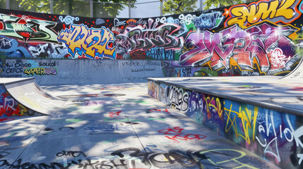 A graffiti covered skate park with a wall of graffiti