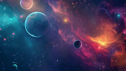 Vibrant Cosmic Scene with Colorful Nebula and Planets.