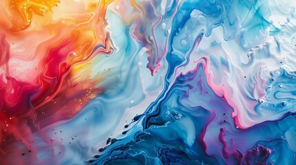 Obraz premium High-angle view, vibrant synthetic substance, watercolor-inspired texture, vivid colors blending seamlessly, organic shapes, delicate brushstroke details, capturing the fluid essence of the material