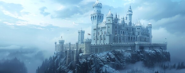 A majestic ice castle glistens in the sunlight, its spires reaching towards the heavens