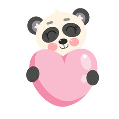 Cute kawaii smiling panda bear animal holding a pink heart. Illustration for baby, kids, children
