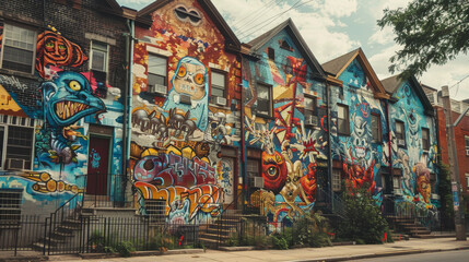 The colorful buildings are covered in graffiti, giving the area a vibrant