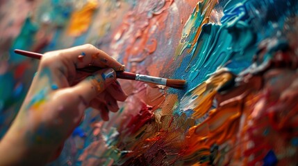 Macro shot of a painters hand holding a fine brush, vivid acrylics drying on the fingertips, high-definition, vibrant colors, textured canvas in the background