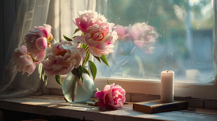 Peonies in a vase with a lit candle and a book on a table