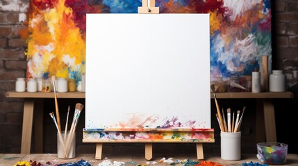 A white empty blank frame mockup propped up on a wooden easel in an artist's studio, surrounded by brushes and vibrant paints.