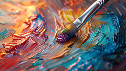 Obraz premium Vibrant oil painting close-up with brush strokes in various colors, evoking creativity and artistic expression.