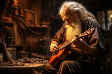 Serene old man with a beard plays guitar amid the warm glow of his cozy, artisanal workshop