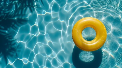 yellow inner tube, inflatable ring floating in the pool with copy space