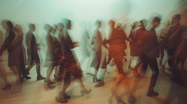 The dance floor is a blur of motion with couples moving in perfect harmony their spins representing the interconnectedness of electrons in an atom.