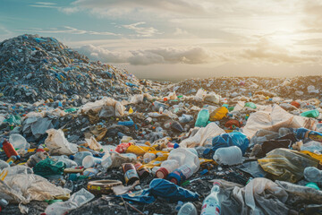 An extensive view of a landfill packed with plastic waste, including bags, bottles, and packaging, highlighting the plastic pollution crisis.. AI generated.