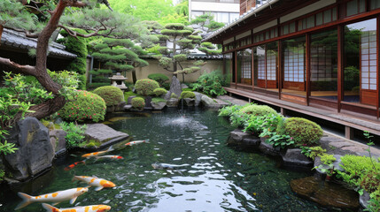 A Japanese garden with a pond and a tree