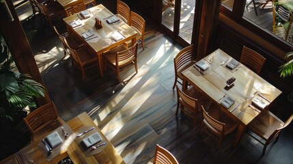 aerial view of the dining room and wooden furniture generative ai