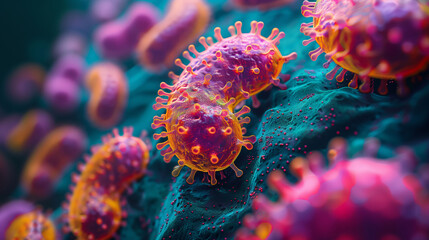 Obraz premium abstract bacteria in various shapes colorful microbiology background 3d illustration